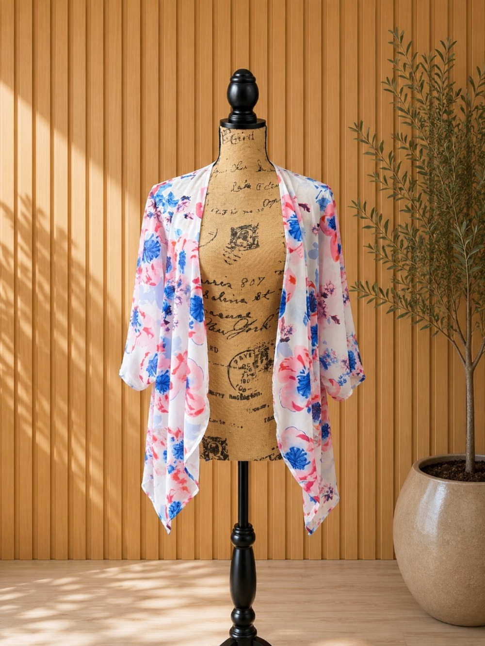 Floral Chiffon Kimono Cardigan | White Pink Blue | Lightweight Cover-Up | One Si